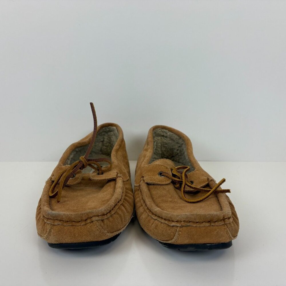 Minnietonka Leather Lace Softsole Slippers Mens Size 12 Tan Brown - Picture 2 of 7